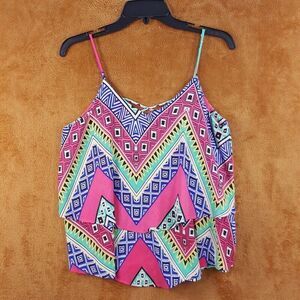 ANNABELLA Womens Top Small Pink Pullover Tank Strappy Geometric Tiered Flowy